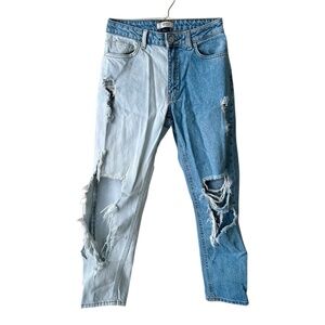 Forever 21 Two Tone Jeans Distressed Front Straight Leg Light Medium Indigo 24